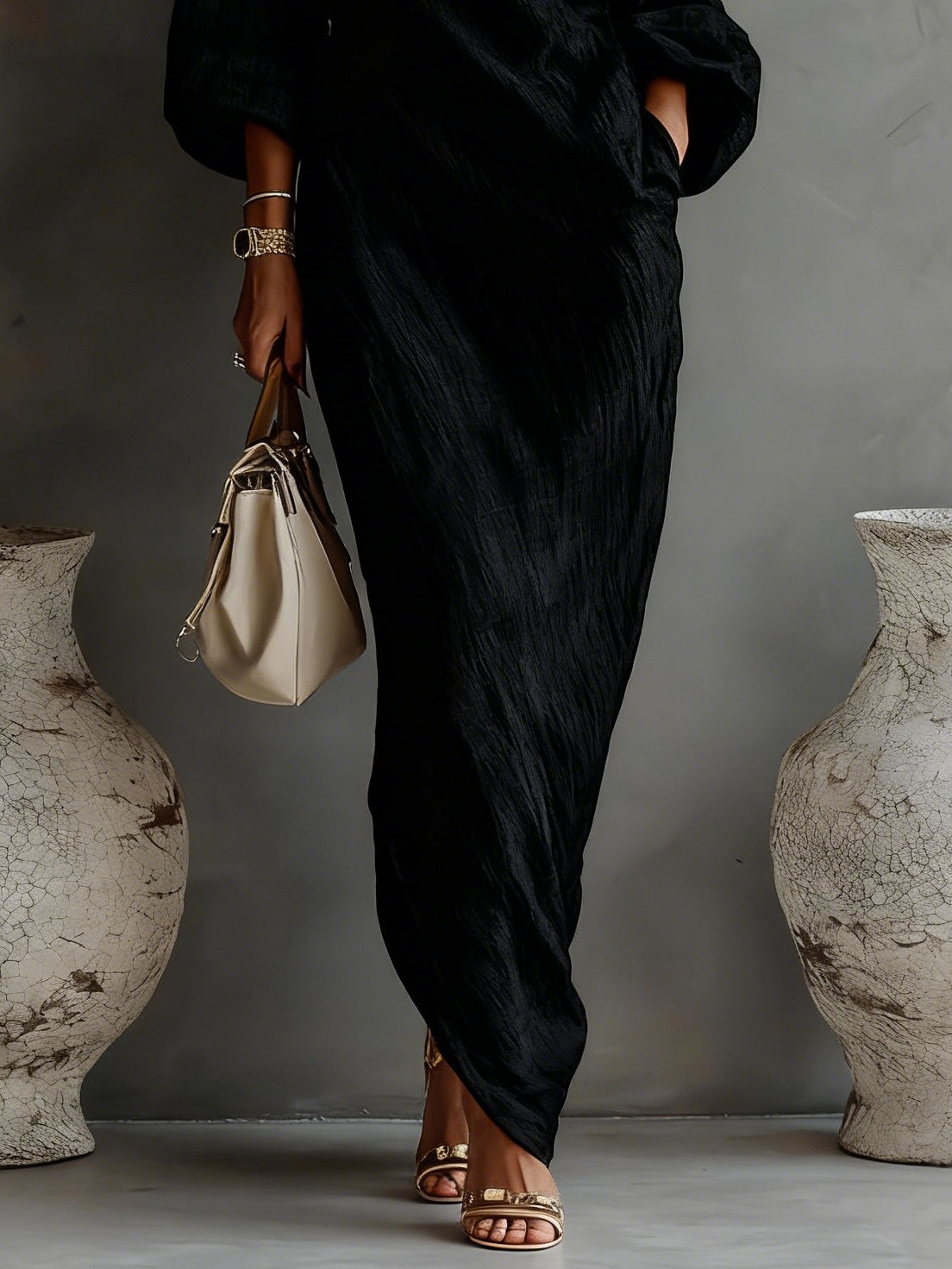 Charm Vogue Black One-Shoulder Maxi Dress - Flowing Textured Fit