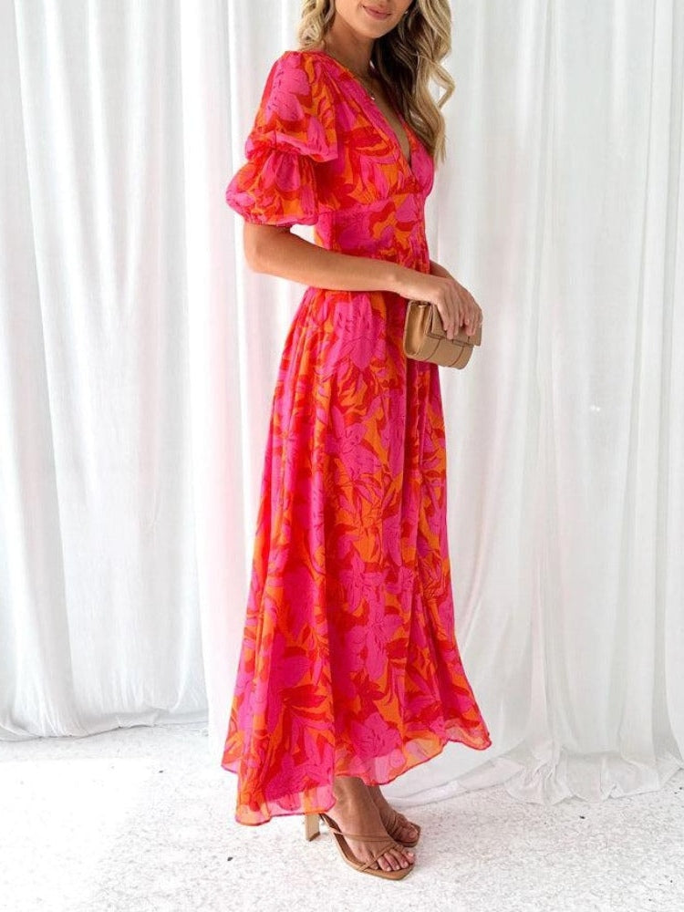 Charm Vogue Floral Midi Dress - V-Neck Puff Sleeve Fit