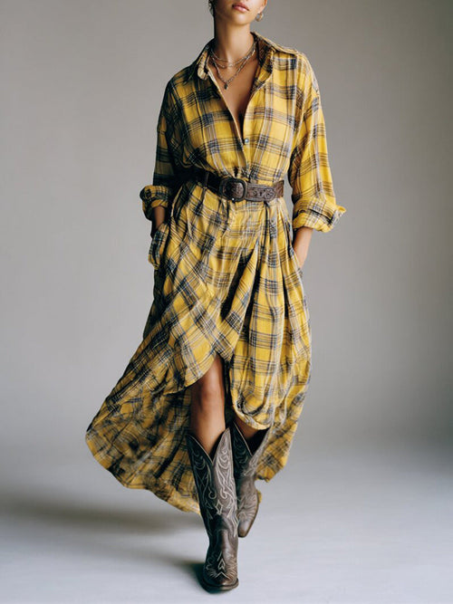Charm Vogue Plaid Shirt Dress - Casual Loose Retro Maxi Fit