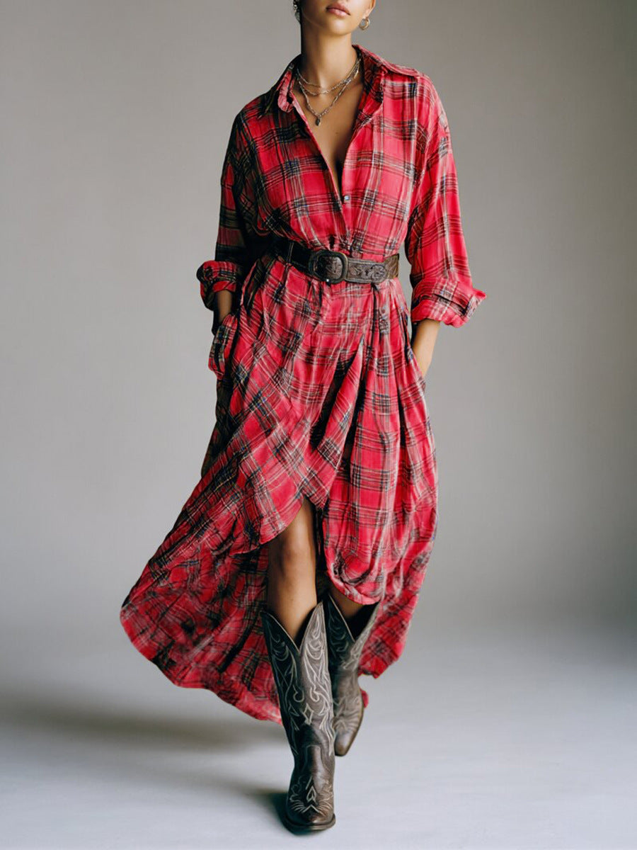 Charm Vogue Plaid Shirt Dress - Casual Loose Retro Maxi Fit