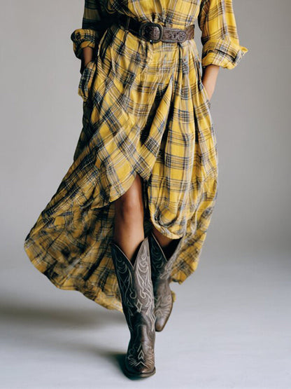 Charm Vogue Plaid Shirt Dress - Casual Loose Retro Maxi Fit