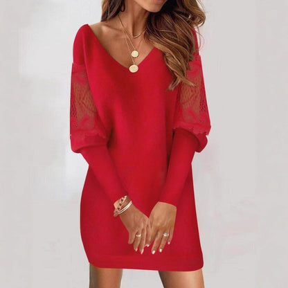 Charm Vogue Printed Lace Patchwork Dress - V-Neck Long Sleeve