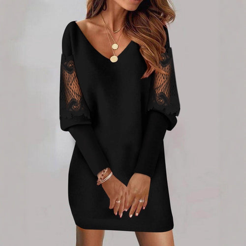 Charm Vogue Printed Lace Patchwork Dress - V-Neck Long Sleeve