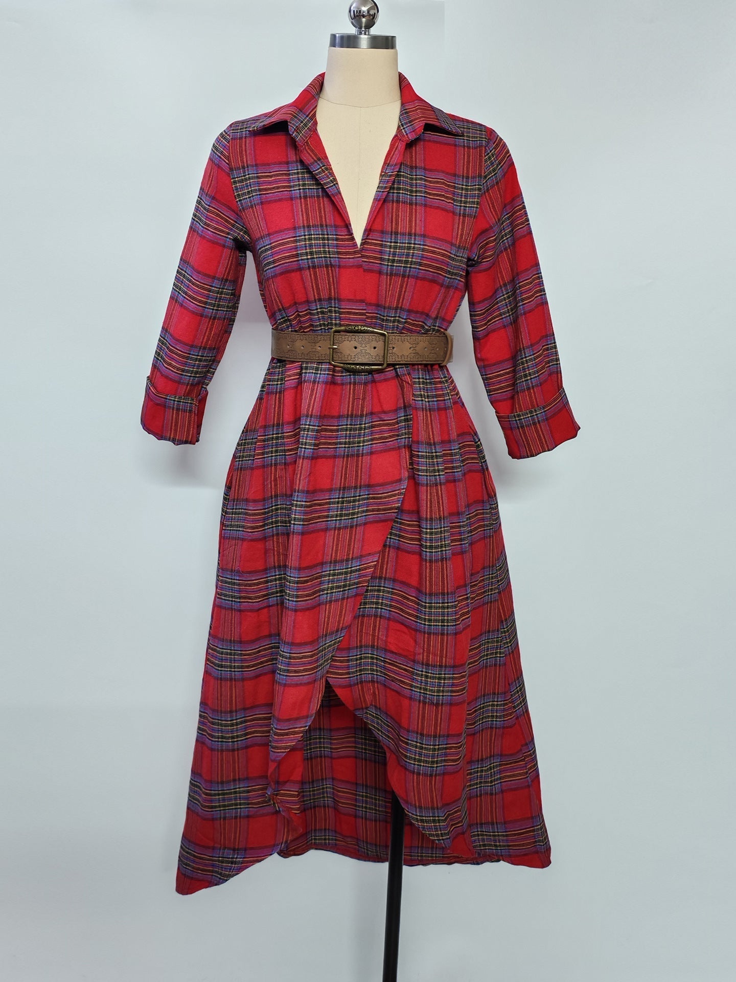 Charm Vogue Plaid Shirt Dress - Casual Loose Retro Maxi Fit
