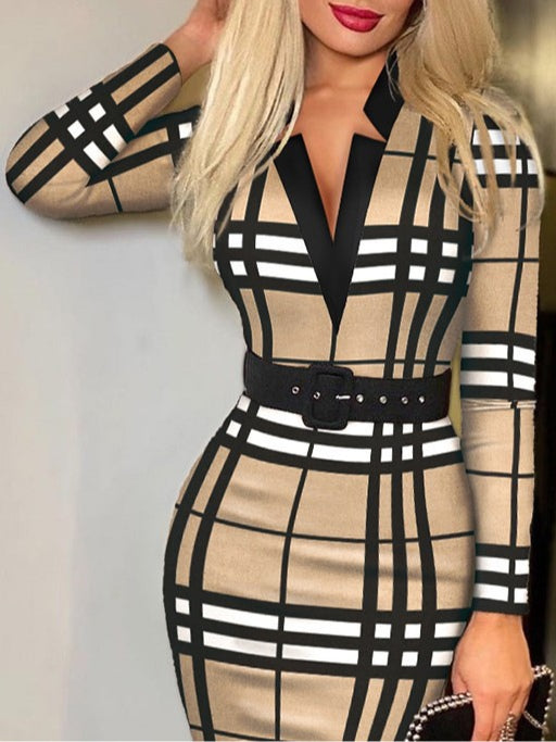 Charm Vogue Tan Plaid Bodycon Midi Dress - V-Neck & Belted Fit