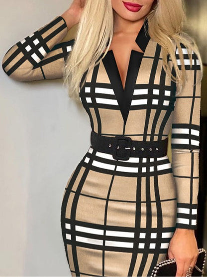 Charm Vogue Tan Plaid Bodycon Midi Dress - V-Neck & Belted Fit