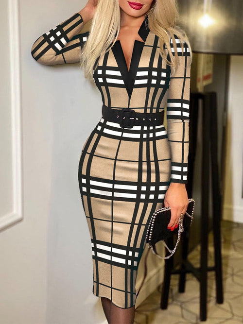 Charm Vogue Tan Plaid Bodycon Midi Dress - V-Neck & Belted Fit