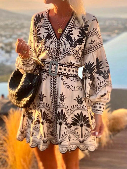 Charm Vogue Loose Beach Mini Dress - Printed Fashion Detail