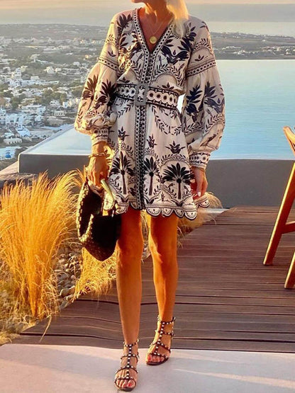 Charm Vogue Loose Beach Mini Dress - Printed Fashion Detail