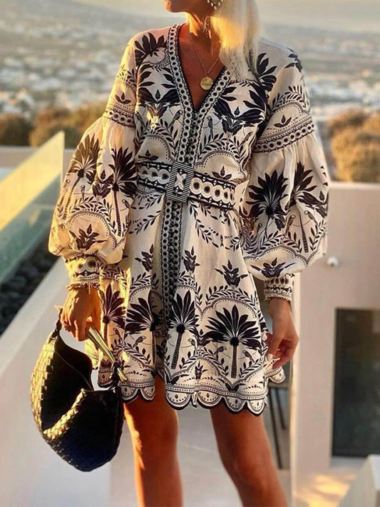 Charm Vogue Loose Beach Mini Dress - Printed Fashion Detail