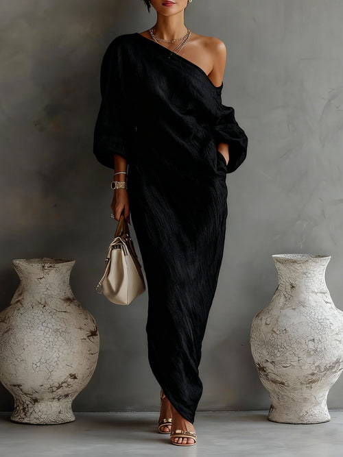 Charm Vogue Black One-Shoulder Maxi Dress - Flowing Textured Fit