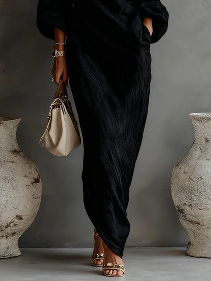 Charm Vogue Black One-Shoulder Maxi Dress - Flowing Textured Fit