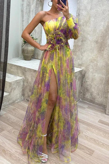 Charm Vogue Floral Tulle Maxi Dress - Elegant One-Shoulder