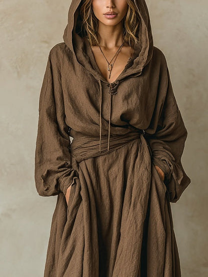 Charm Vogue Brown Maxi Dress - Hooded Faux Cotton Linen Loose Fit