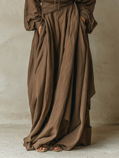 Charm Vogue Brown Maxi Dress - Hooded Faux Cotton Linen Loose Fit