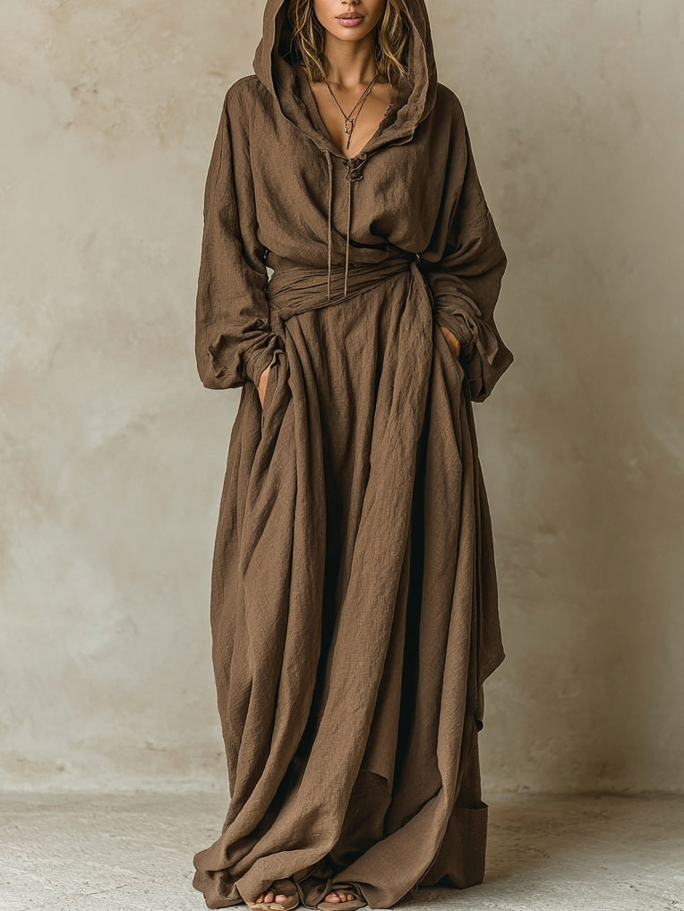 Charm Vogue Brown Maxi Dress - Hooded Faux Cotton Linen Loose Fit