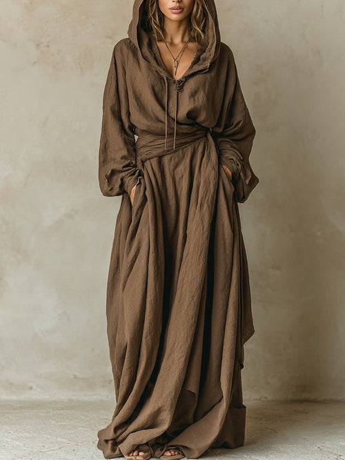 Charm Vogue Brown Maxi Dress - Hooded Faux Cotton Linen Loose Fit