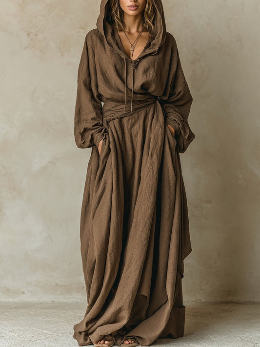 Charm Vogue Brown Maxi Dress - Hooded Faux Cotton Linen Loose Fit