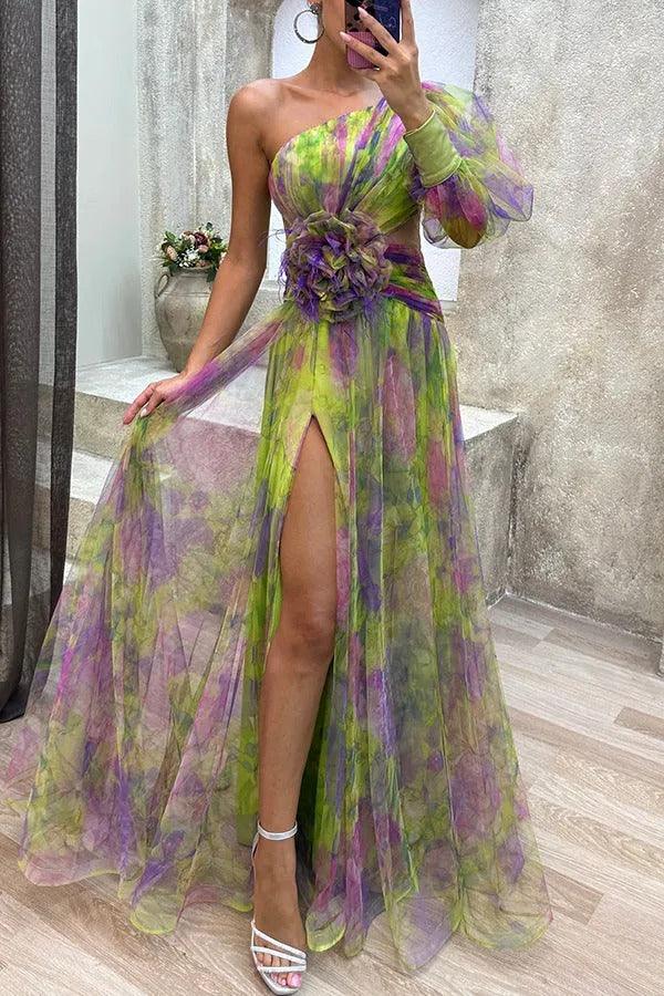 Charm Vogue Floral Tulle Maxi Dress - Elegant One-Shoulder
