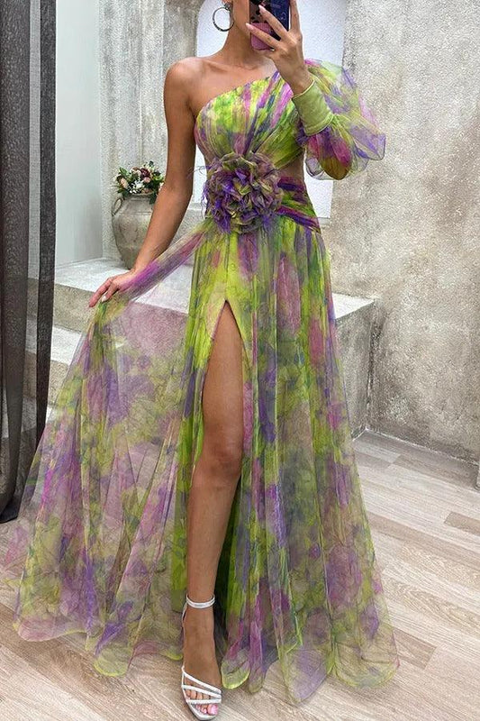 Charm Vogue Floral Tulle Maxi Dress - Elegant One-Shoulder