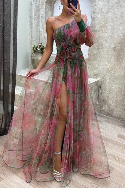 Charm Vogue Floral Tulle Maxi Dress - Elegant One-Shoulder