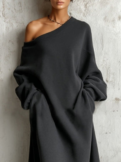 Charm Vogue Black Sweatshirt Maxi Dress - Off-Shoulder