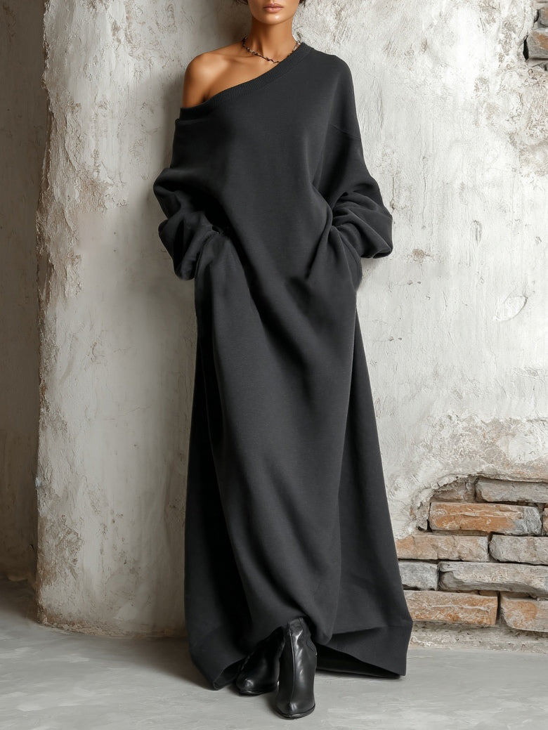 Charm Vogue Black Sweatshirt Maxi Dress - Off-Shoulder