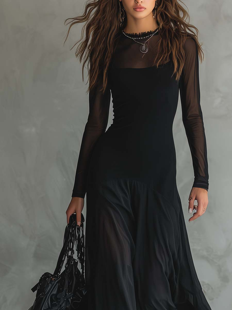 Charm Vogue Black Maxi Dress - Tulle Patchwork & Mesh Sleeve Fit