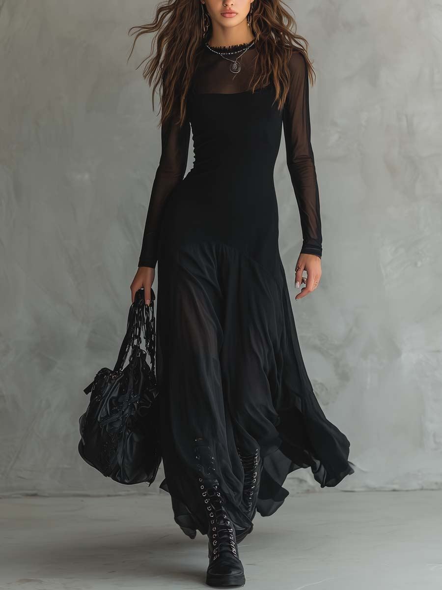 Charm Vogue Black Maxi Dress - Tulle Patchwork & Mesh Sleeve Fit