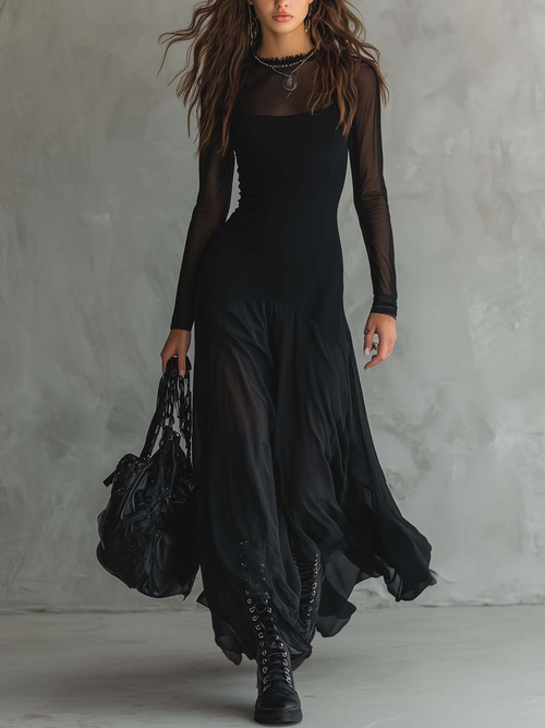 Charm Vogue Black Maxi Dress - Tulle Patchwork & Mesh Sleeve Fit