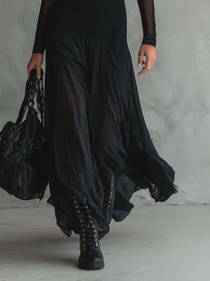 Charm Vogue Black Maxi Dress - Tulle Patchwork & Mesh Sleeve Fit