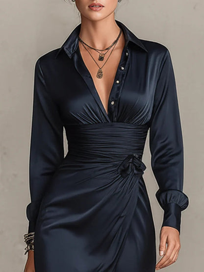 Charm Vogue Navy Satin Tie Mini Dress - Pleated Shirt Collar