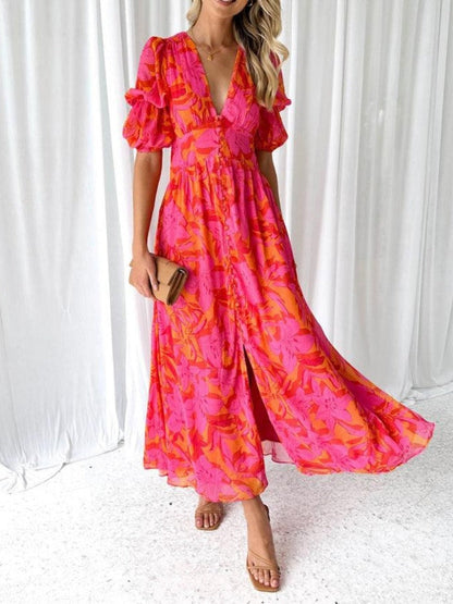 Charm Vogue Floral Midi Dress - V-Neck Puff Sleeve Fit