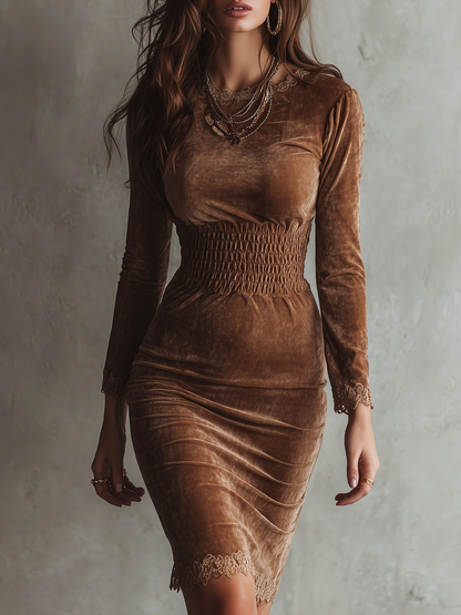 Charm Vogue Brown Velvet Midi Dress - Smocked Waist & Lace Trim